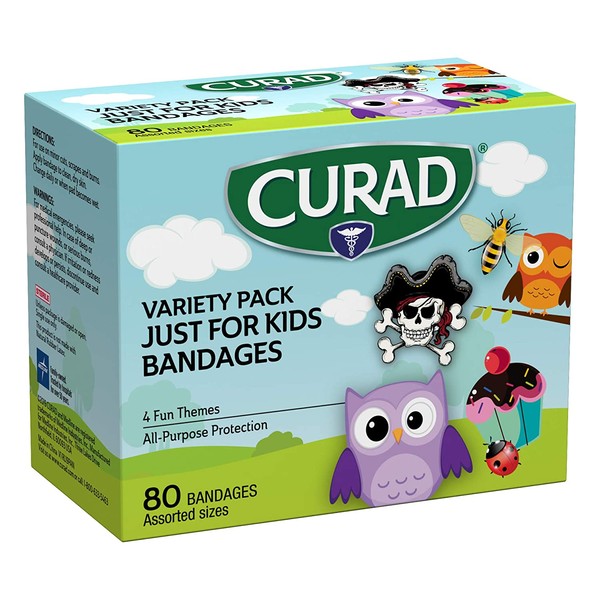 CURAD Just for Kids Bandages, 4 Fun Themes, Colorful, All-Purpose Protection Plastic Bandages, 4-Sided Seal, Variety of Sizes, 80 Count