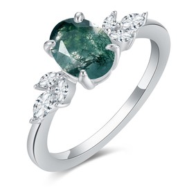 IRROYA Green Rings for Women 1.5CT Oval Cut Natural Moss Agate Ring for Engagement Vintage Gemstone Rings Platinum Plated 925 Sterling Silver CZ Rings for Women Valentine's Day Gift for Her Size 8.5