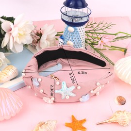 KIUEZIR Pink Top Knot Wide Headband for Women - Sparkly Seashell, Starfish & Pearl Design Hairband with Comfortable & Stretchable Fabric, Summer Hair Accessories for Party, Date or Everyday Styling