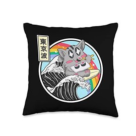 Cat Eating Sushi Surfing Kanagawa Wave Anime Kawaii Cat Throw Pillow