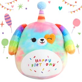 SQEQE Happy Birthday Stuffed Animal Rainbow Dog Soft Toys Cute Plush Pillow Unicorn Dog Plush Toy for Kid Girl Boy 35CM