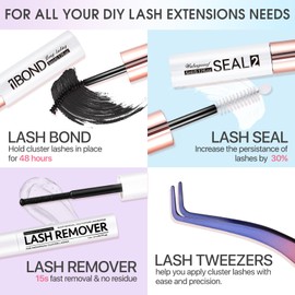 Miuffue 3 PCS Lash Kit Bond and Seal with Tweezers Remover Kit, DIY Eyelash Glue and Lash Applicator Tool Cluster Glue Remover Fast Removal with No Residue