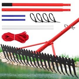 Extra Large Aquatic Weed Rake Heavy Duty Aluminum Pond Rake with 6" Metals Long Tines 37" Double Sided Floating Lake Harrow 11' Pole for Removal of Weeds Leaves & Floating Scum( Patents Pending)