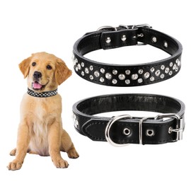 BTDCFY Rhinestones Pet Dog Collars Adjustable Sparkly Crystal Studded Genuine Leather Pet Collar for Small and Medium Dog 1" Wide
