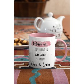 Personalisierte Kaffee-Tasse (Glück ist...) mit eigenen Wunschname. Für die Beste Freundin, Opa, Oma, Mama, Papa. Schönes Geschenk oder kleine Aufmerksamkeit | Muttertag (Beste Freundin #2, Rosa/Rosa)