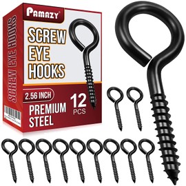 PAMAZY 12Pcs Black Screw Eyes, 2.56 Inch Heavy Duty Eye Hooks for Wood Securing Cables Wire, Hammock Stand, Indoor & Outdoor Use