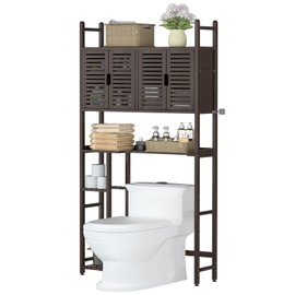 Cozivolife Over The Toilet Storage Cabinet with Paper Holder Stand,Bamboo Bathroom Organizer Shelf with Four Door and Waterproof Feet Pad,Space Saver Rack with Anti-Tip Design (Brown)