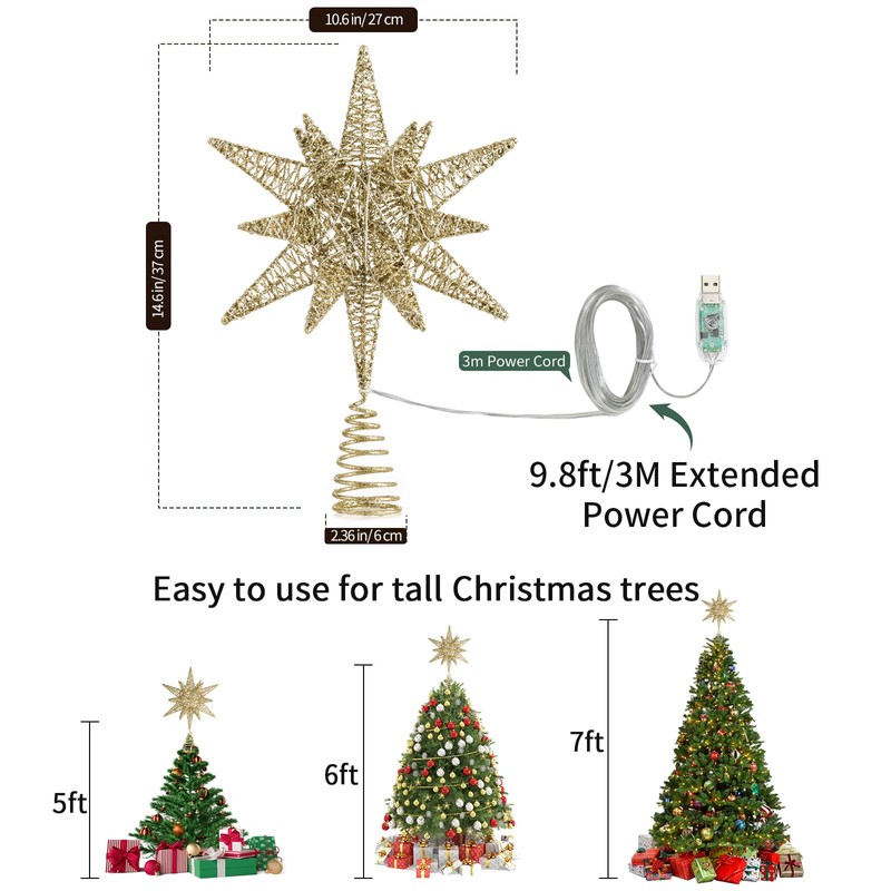 Lewondr Christmas Star Tree Topper, USB Powered Remote Controlled 11