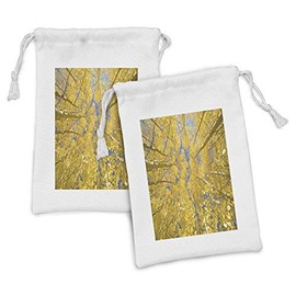 Ambesonne Yellow and Blue Fabric Pouch Set of 2, Looking Skyward Amongst the Patch of Sun-lit Aspen Trees in Autumn Life Print, Small Drawstring Bag for Toiletries Masks and Favors, 9" x 6", Yellow