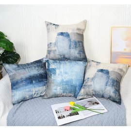 QUALKNOY Set of 4 Cushion Covers 16"x16" Blue and Grey Linen Modern Abstract Art Decorative Throw Pillow cases 40 x 40cm for Living Room Outdoor Decor Pillowcases