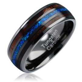 100S JEWELRY Gunmetal Tungsten Ring For Men Koa Wood Blue Opal Inlaid Wedding Band Promise Size 6-16 (tungsten, 11)