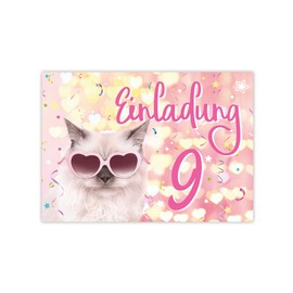 JuNa-Experten 12 Invitations for 9th Children's Birthday Girls Cat Animals Cool Invitations Ninth Birthday Girls Birthday
