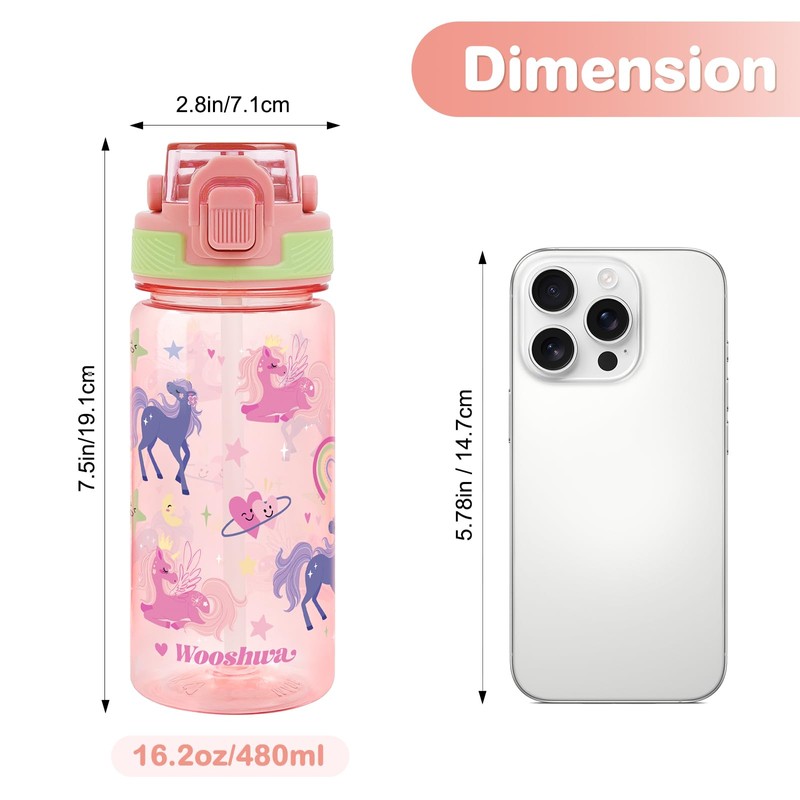 omedecal Kids Water Bottle for School, 16 Oz Plastic Straw