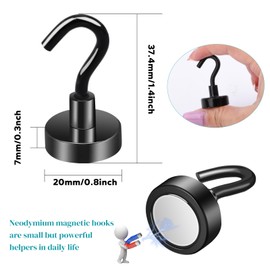 MIN CI 18pcs Black Strong Magnetic Hooks, 20mm Strong Magnets Heavy Duty 35lb, Neodymium Magnet with Hook, Magnetic Hooks for Cruise Cabins, Fridge, Kitchen, Workplace