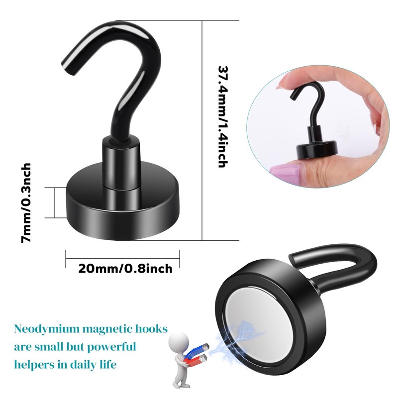 MIN CI 18pcs Black Strong Magnetic Hooks, 20mm Strong Magnets