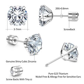 Subiceto Hypoallergenic G23 Implant Grade Titanium Screw Back Earrings 20G Pure Titanium Post for Sensitive Ears Cubic Zirconia Mens Earrings Studs for Women Men Silver 7mm