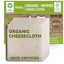 Organic Cheese Cloths, GOTS Certified, 4PCS, Grade 100, 20x20Inch Reusable Hemmed Precut Cheesecloth for Straining, Unbleached Fine Mesh Cotton Filter Cheese Cloth Muslin Cloth for Cooking,Tofu,Yogurt