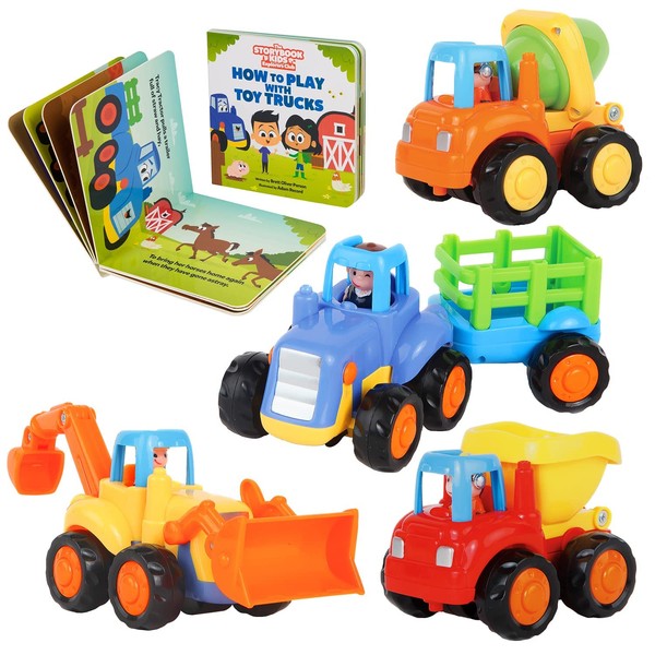 Construction Play Set for Kids Ages 1, 2, 3, 4 Years Old - Toddler Toy Truck Set with Matching Book - Push & Pull Friction Trucks for 2 Year Old Boy - BPA Free - Cars for Boys & Girls