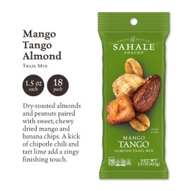Sahale Snacks Mango Tango Almond Trail Mix, 1.5 oz Grab & Go Bags (18 Packs) - Dry-Roasted Deluxe Mixed Nuts with Dried Mango & Banana Chips - Non-GMO, Kosher Trail Mix & Certified Gluten-Free Snacks