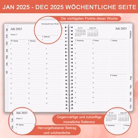 Diary 2025 - January 2025 to December 2025, Calendar 2025 to 30 Minute Intervals, A5 Weekly Planner with Monthly Tabs, Easy Organisation of Daily Life, 14.8 x 21 cm, Rose