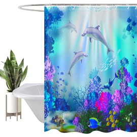 HEYOMART Shower Curtain Heavy Duty Polyester Fabric Waterproof Shower Curtain Liner, 3D Digital Painting Pattern for Shower Stall, Bathroom Curtains with 12 PCS Hooks (180x180cm, Dolphins-F)