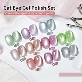 JODSONE 10 Colors Glow-in-the-Dark Cat Eye Gel Nail Polish Set Silver Green Blue Grape Purple with Base Coat and Top Coat and Magnet Stick Summer Nail Art for Nail Salons and at Home