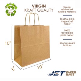 JET PAPER BAGS - 10”x5”x10” Inch [250 Pcs] Brown Paper Bags with Handles Prime for Takeout, Grocery, Goody, Retail, Party, Gifts, Weddings - Recyclable Kraft Paper Gift Bags with Handles