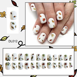 Short Fall Press on Nails White Square Fake Nails Fall Leaves Nail Design Full Cover Stick on Nail Thanksgiving Acrylic Press ons Maple Leaf Artificial Glue on Nails for Women Nail Decorations