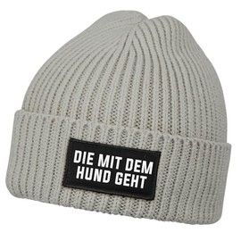 MoonWorks® Women's Beanie with Patch, Knitted Hat with Saying "Die mit dem Hund geht (Die mit dem Hund geht"), dog goes grey