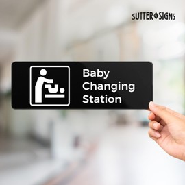 Baby Changing Station Sign, Durable ABS Plastic with Full Adhesive Backing, Sign for Restroom Door or Wall, 3x9"