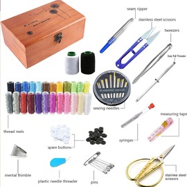 RoseFlower Wooden Sewing Basket with Sewing Kit Accessories, Sewing Box, Basic Sewing Kit, Sewing Accessories and Accessories, Sewing Repair Kits, Hand Sewing Kit with Needle, Pin Cushion, Button for