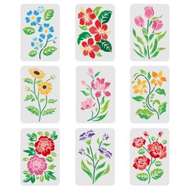FINGERINSPIRE 9 Flower Stencils for Painting, 29.7 x 21 cm, Flower and Leaves Drawing Stencil, Reusable Flower Stencil, DIY Stencils for Painting on Wood, Floor, Wall and Tiles