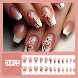 French Tip Press on Nails Medium Coffin Fake Nails Acrylic Pink White False Nails Tips Spring Summer Flower Artificial Stick on Nails Gloss Reusable Glue on Nails for Women Girls 24Pcs