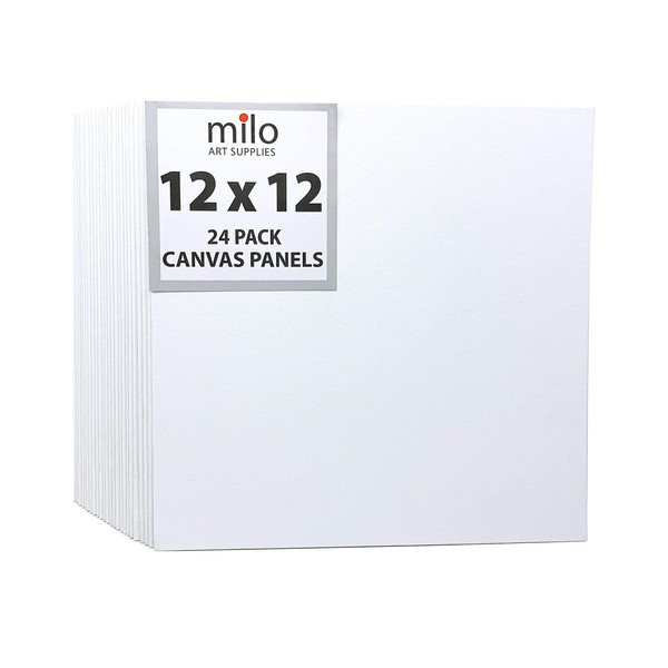milo Canvas Panel Boards for Painting | 12x12 inches | 24 Pack of Flat Canvas Panels, Primed & Ready to Paint Art Supplies for Acrylic, Oil, Mixed Wet Media, & Pouring, Bulk Painting Party Pack