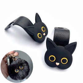 MaPctSy Cute Cat Car Accessories Cartoon Vehicle Storage Hooks Hanger for Purses and Bags, Universal Car Seat Headrest Holder, Seat Back Organizer (Black cat Hooks+ Keyring)