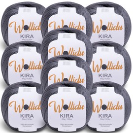 Wollidu Kira 100% Cotton for Knitting and Crocheting 10 x 50 g Set Crochet Yarn Knitting Yarn Dark Grey