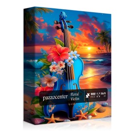Violin Puzzles for Adults 1000 Pieces, Nature Sunset Beach Scenery Jigsaw Puzzles, Flower Seashell Starfish Puzzle, Beautiful Floral Musical Instruments Home Wall Decor