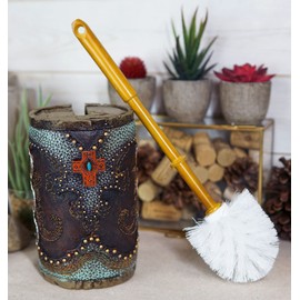 Ebros Gift Rustic Vintage Western Turquoise Faux Tooled Leather Triple Horseshoes and Cross Cowboy Toilet Bowl Cleaner Brush and Base Holder Set Bathroom Vanity Powder Room Office Accessory