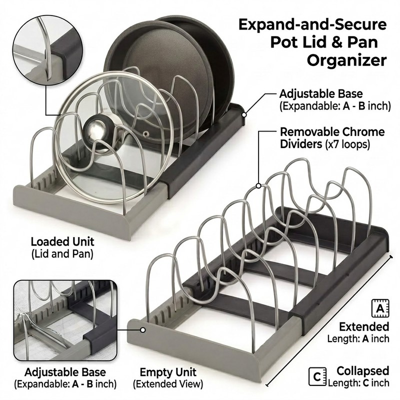 Expandable Pot and Pan Organizer for Kitchen Cabinets – Adjustable