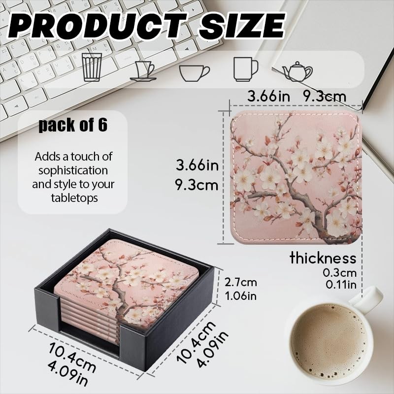 Coasters for Drinks with Holder, Pink Cherry Blossoms on Branches