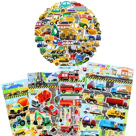 Wisebom 3D Stickers for Children, 4 Sheets Puffy Stickers Children 3D and 60 Pieces Cartoon Vehicles Stickers, Vehicle Digger Reward Stickers for Party Bags Children's Birthday Party Favours Party