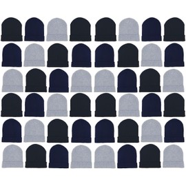 48 Pack Winter Beanies, Bulk Cold Weather Warm Knit Skull Caps, Mens Womens Unisex Hats (Assorted Black Navy Gray)