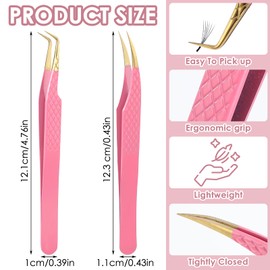 Tyqour Pack of 2 Eyelash Tweezers, Tweezers with Curved Tips, Made of Stainless Steel, Professional Eyelash Tweezers for Eyelash Extensions, Pink