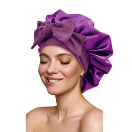 Capo de satén de seda para dormir, gorros grandes con banda de corbata, envoltura para el cabello con correas ajustables, gorras de dormir nocturno, para mujeres, cabello rizado trenzado, color morado, Púrpura, Medium