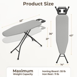 Yaheetech Foldable Ironing Board, Heavy Duty Iron Board with 9 Adjustable Heights, 4 Layer Cover and Safety Iron Rest, 52X14 Compact and Space Save Iron Board for Home Laundry Room Use, Gray