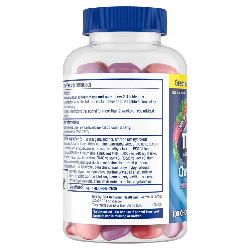 TUMS Antacid Chewy Bites Assorted Berries 108 Ct Heartburn Relief