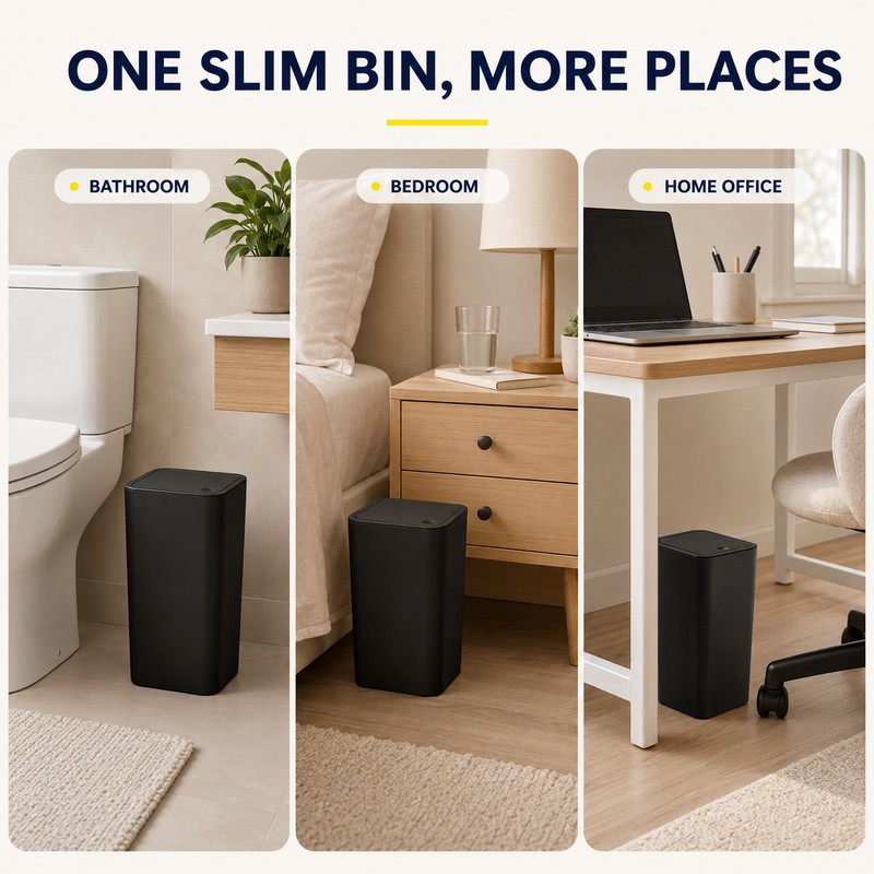 10L Slim Bathroom Trash Can with Press Top Lid, Black