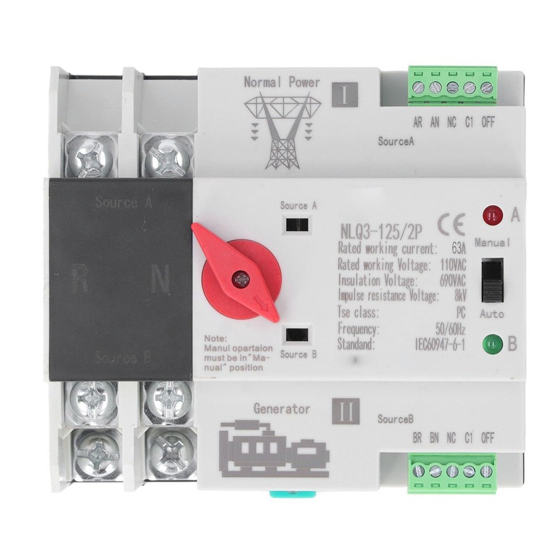 Automatic Transfer Switch 2P 63A Generator Changeover Switch AC 110V