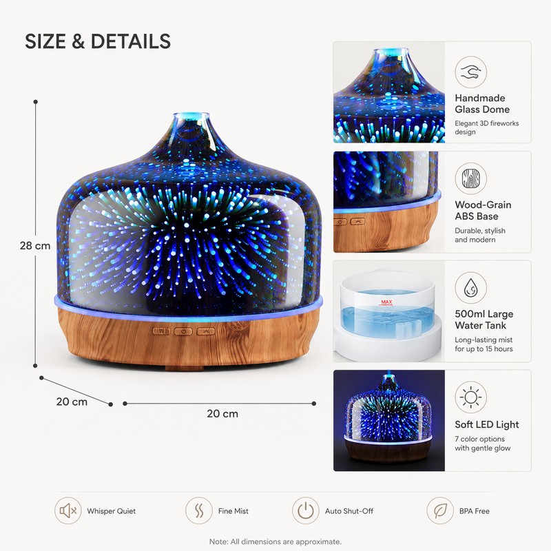 500ml Glass Aroma Diffuser for Bedroom Relaxation – Ultrasonic Cool