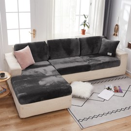 MIFXIN Couch Cushion Slipcover Sofa Cover Velvet Stretch Universal Wear-Resistant L Shape Sectional Sofa Couch Seat Cover Furniture Protector with Elastic Bottom (Dark Grey, Chaise Cover)